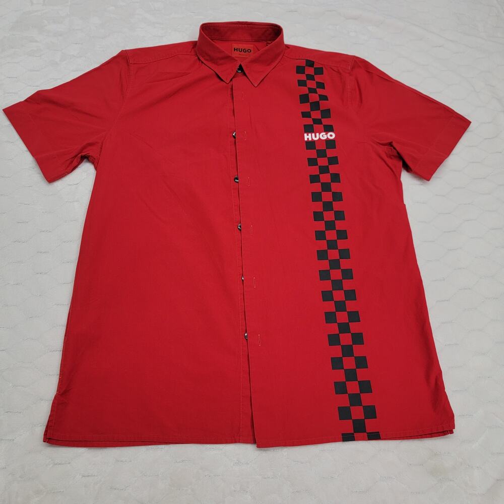 HUGO Hugo Boss Red Ebor Racing Stripe Short Sleeve Button Down Shirt Large